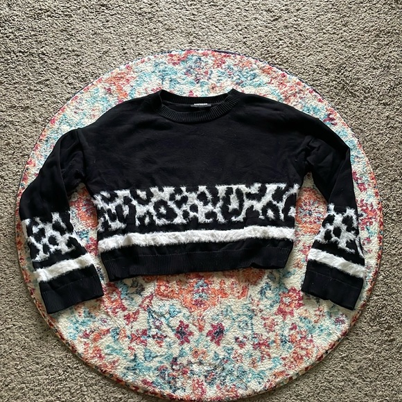 Express Fuzzy Leopard Stripe Cropped Sweater - Picture 1 of 5